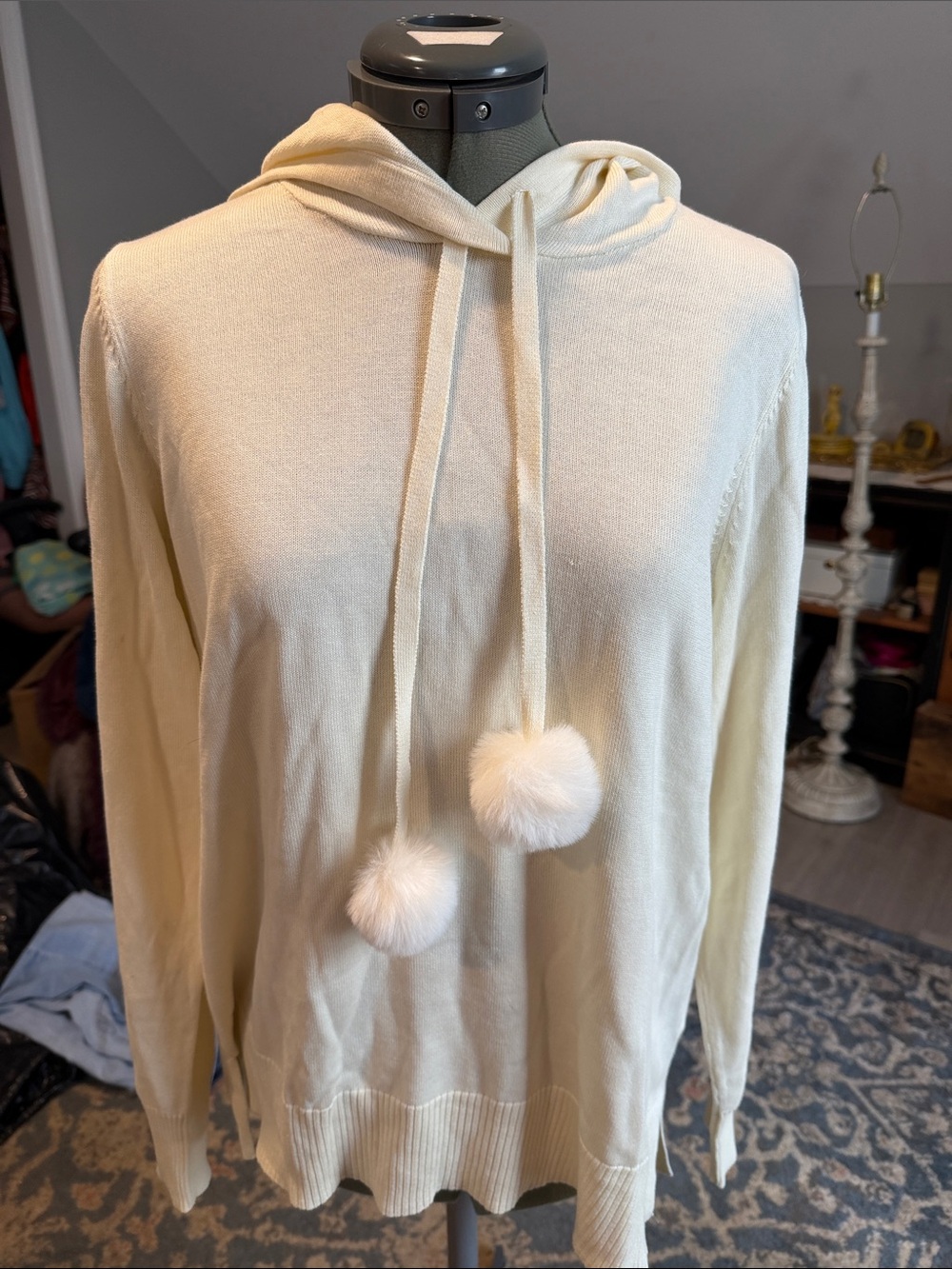 Belle by Kim Gravel Cream Pom-Pom Hooded Crewneck Sweater